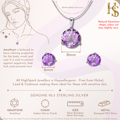 Amethyst Gemstone Pendant-Set With Earrings in 925 Sterling Silver For Women
