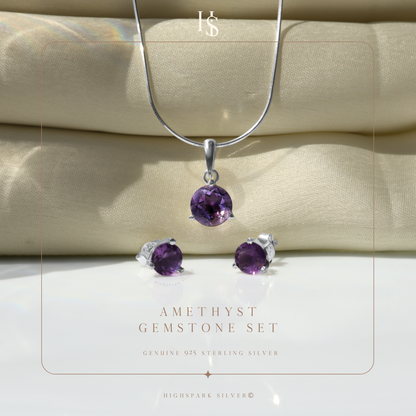 Amethyst Gemstone Pendant-Set With Earrings in 925 Sterling Silver For Women