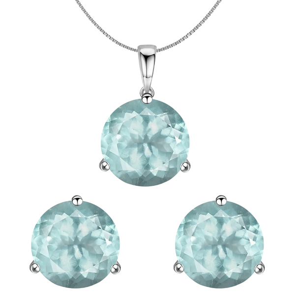 A pendant necklace and matching stud earrings set with large, round-cut aquamarine gemstones in a three-prong sterling silver setting.