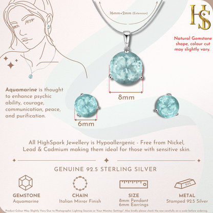 Aquamarine Gemstone Pendant-Set With Earrings in 925 Sterling Silver For Women