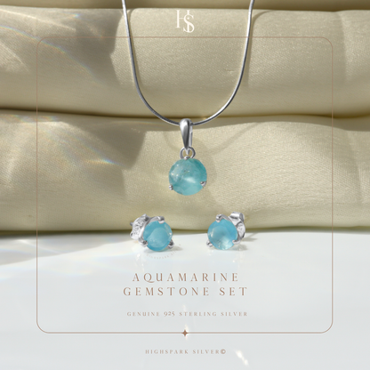 Aquamarine Gemstone Pendant-Set With Earrings in 925 Sterling Silver For Women