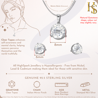 Clear Topaz Gemstone Pendant-Set With Earrings in 925 Sterling Silver For Women