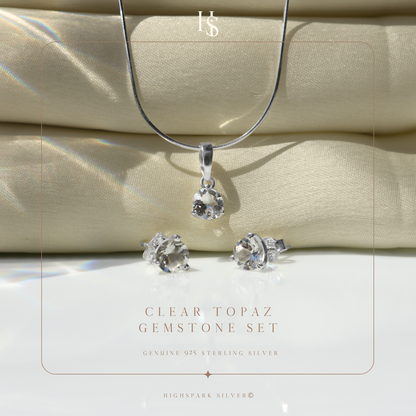 Clear Topaz Gemstone Pendant-Set With Earrings in 925 Sterling Silver For Women