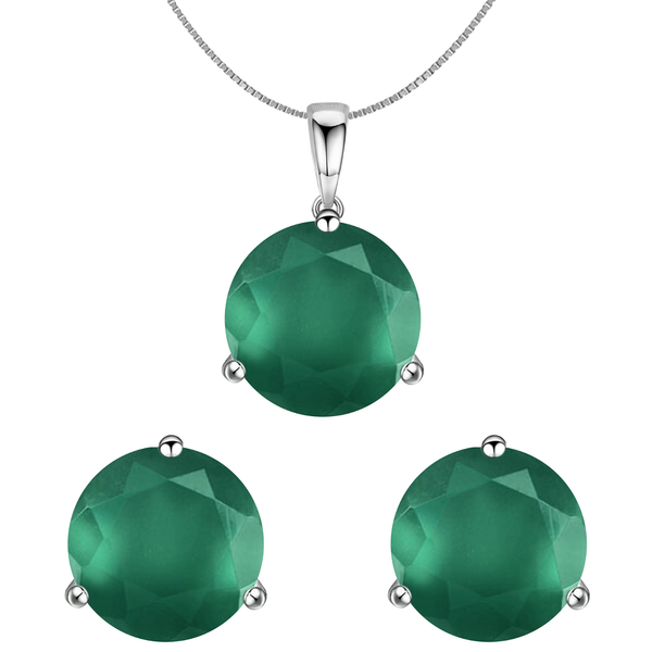 A pendant necklace and stud earrings set with round, faceted green onyx gemstones in a three-prong sterling silver setting on a white.