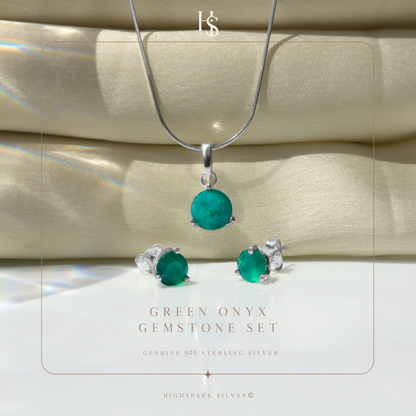 Green Onyx Gemstone Pendant-Set With Earrings in 925 Sterling Silver For Women