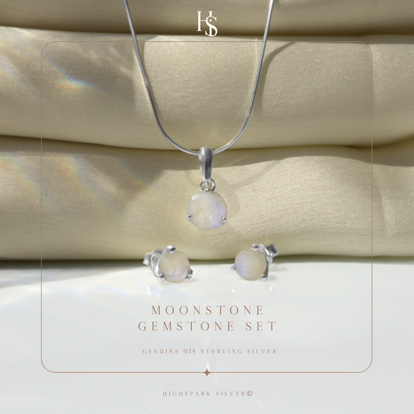 Moonstone Gemstone Pendant-Set With Earrings in 925 Sterling Silver For Women