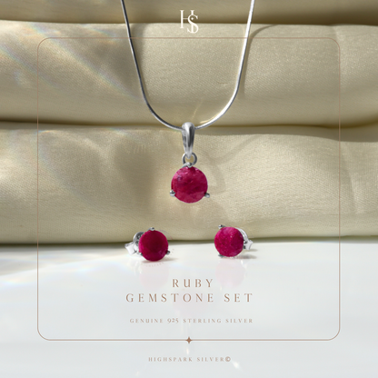 Ruby Gemstone Pendant-Set With Earrings in 925 Sterling Silver For Women
