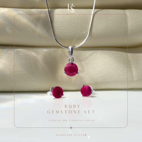 Ruby Gemstone Pendant-Set With Earrings in 925 Sterling Silver For Women