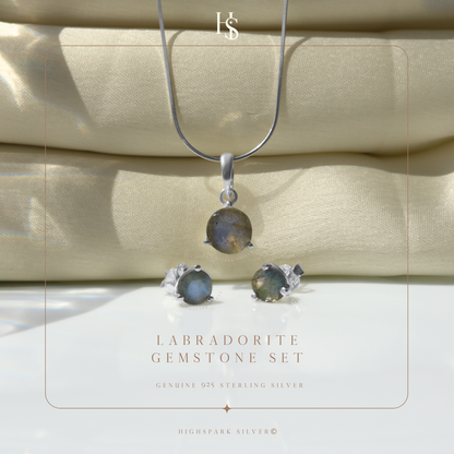 Labradorite Gemstone Pendant-Set With Earrings in 925 Sterling Silver For Women