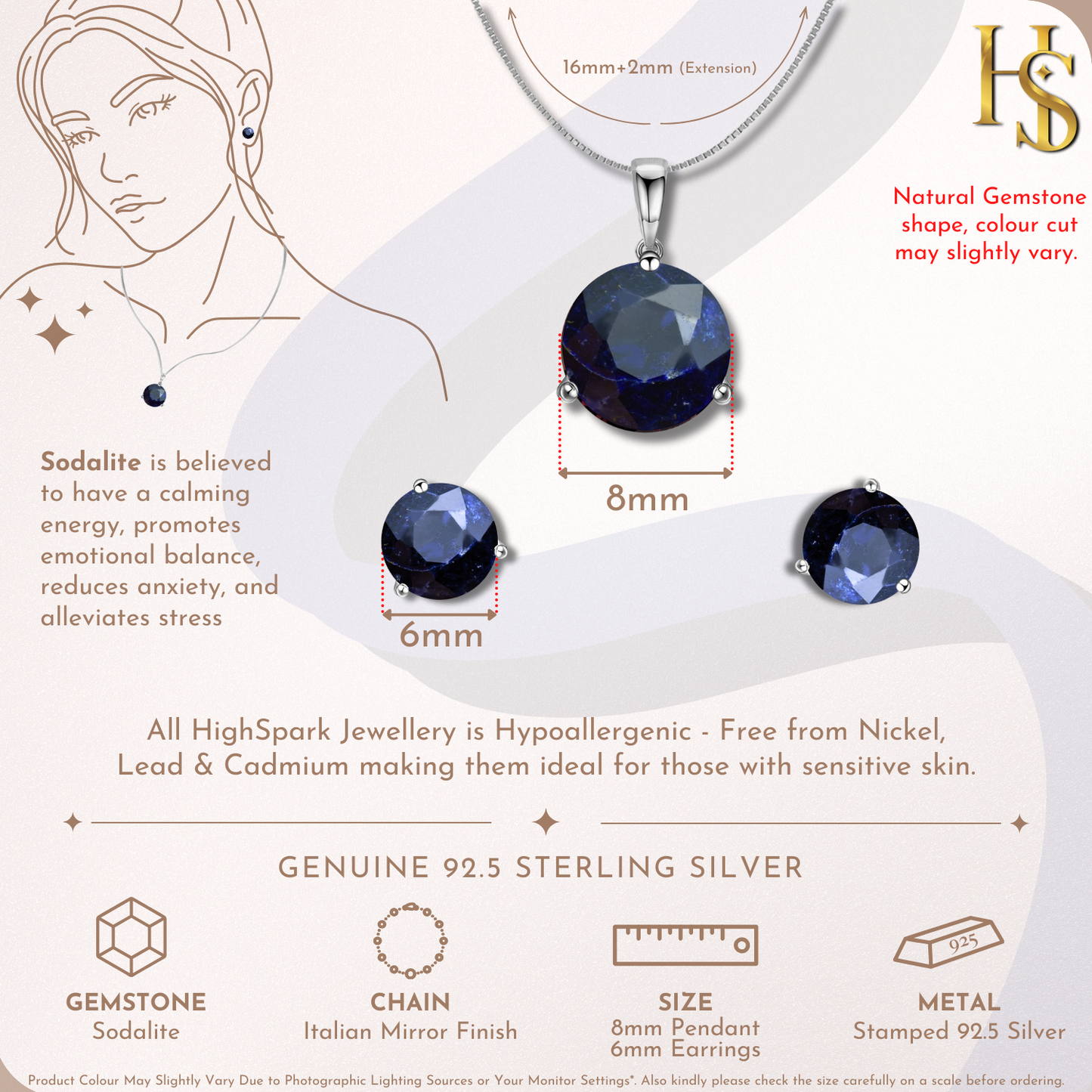Sodalite Gemstone Pendant-Set With Earrings in 925 Sterling Silver For Women