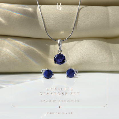 Sodalite Gemstone Pendant-Set With Earrings in 925 Sterling Silver For Women