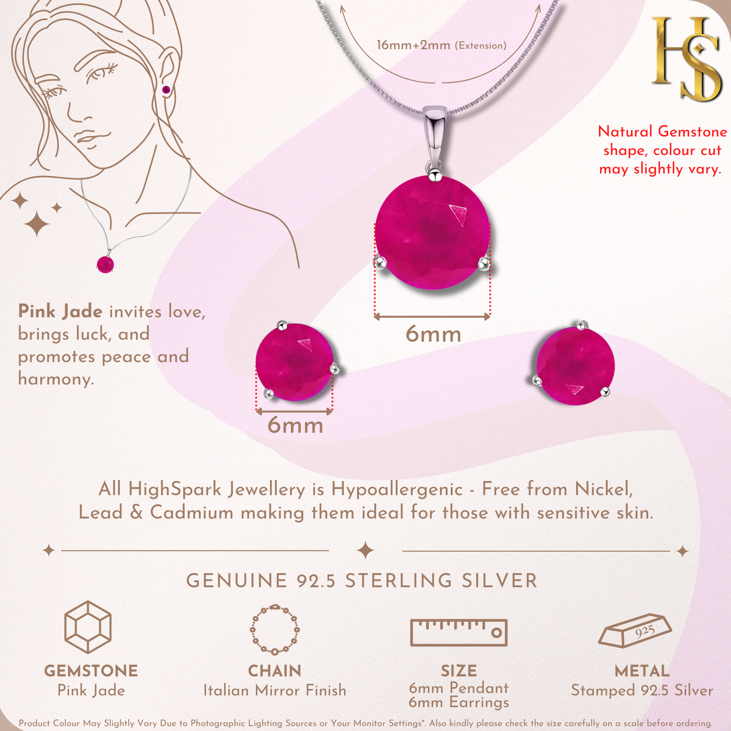 Pink Jade Gemstone Pendant-Set With Earrings in 925 Sterling Silver For Women