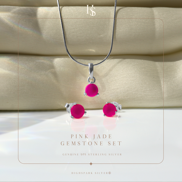 Pink Jade Gemstone Pendant-Set With Earrings in 925 Sterling Silver For Women