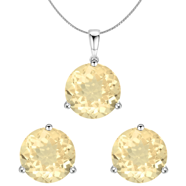 A sterling silver pendant set with matching stud earrings, featuring large, round, faceted citrine gemstones in a three-prong setting.