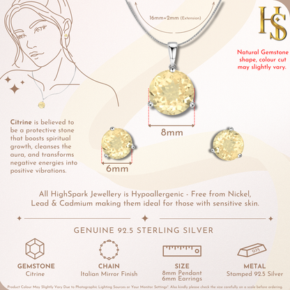 Citrine Gemstone Pendant-Set With Earrings in 925 Sterling Silver For Women