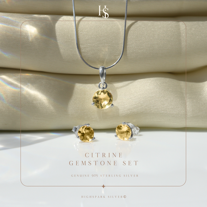 Citrine Gemstone Pendant-Set With Earrings in 925 Sterling Silver For Women