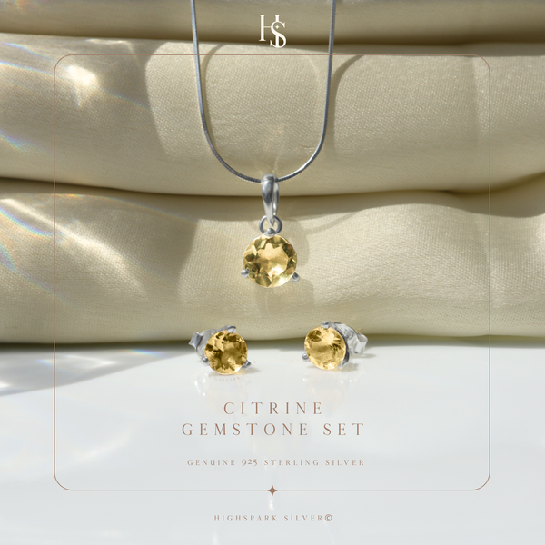 Citrine Gemstone Pendant-Set With Earrings in 925 Sterling Silver For Women