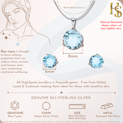 Blue Topaz Gemstone Pendant-Set With Earrings in 925 Sterling Silver For Women
