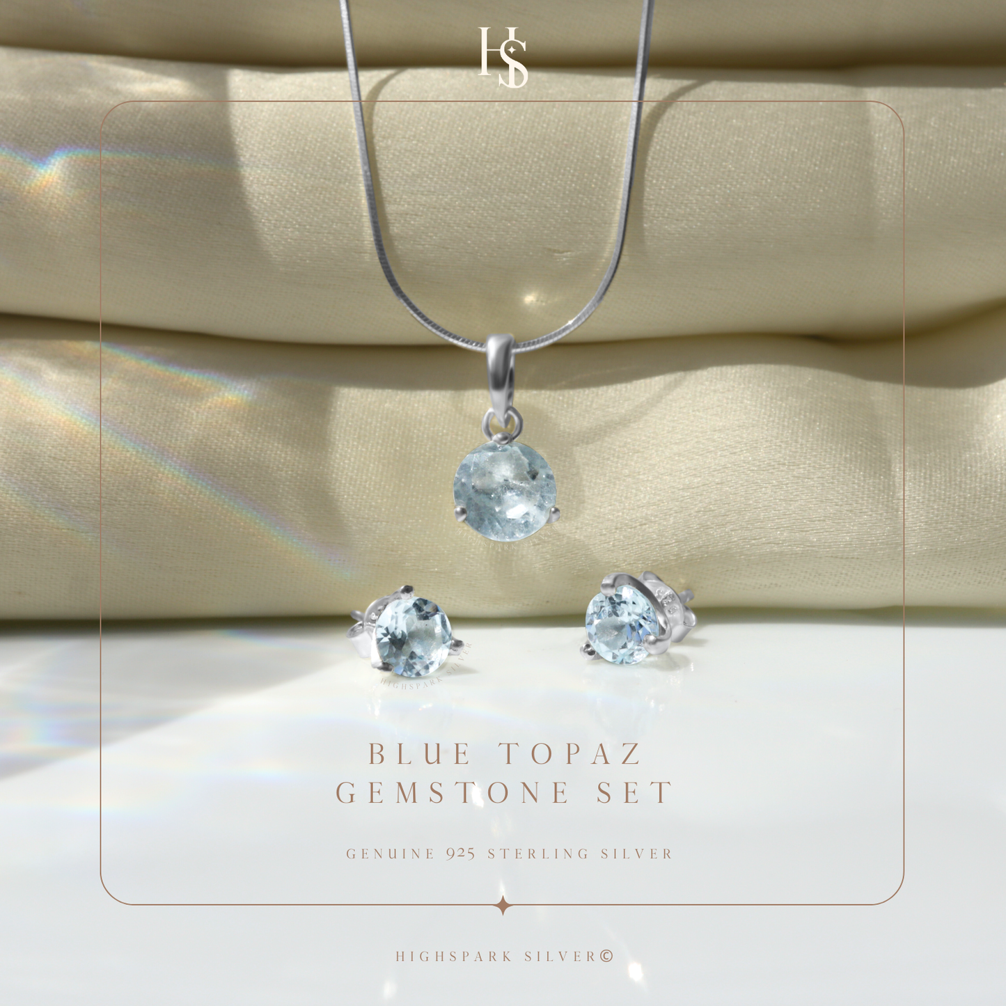 Blue Topaz Gemstone Pendant-Set With Earrings in 925 Sterling Silver For Women