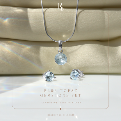 Blue Topaz Gemstone Pendant-Set With Earrings in 925 Sterling Silver For Women