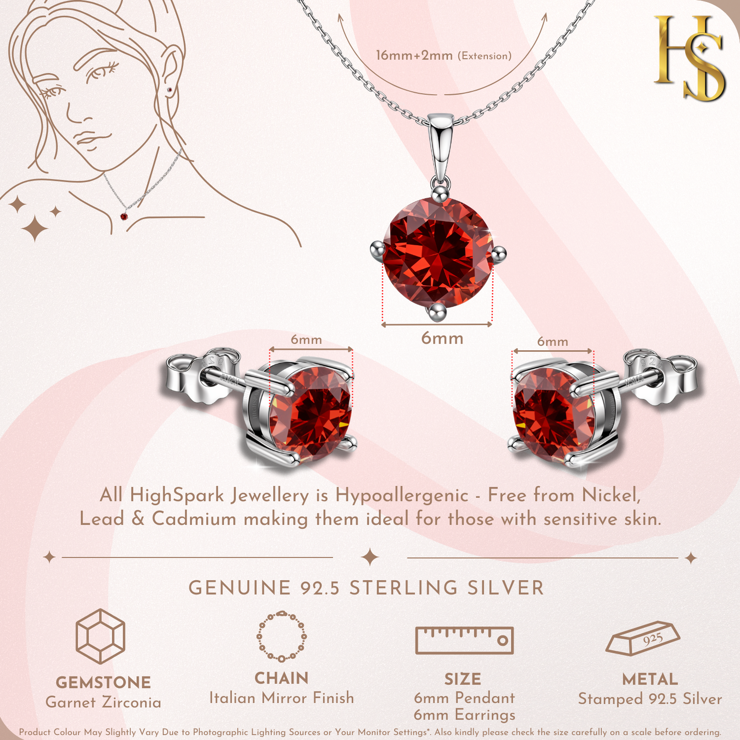 Garnet Zirconia Birthstone Stud Pendant-Set With Earrings in 925 Sterling Silver For Women