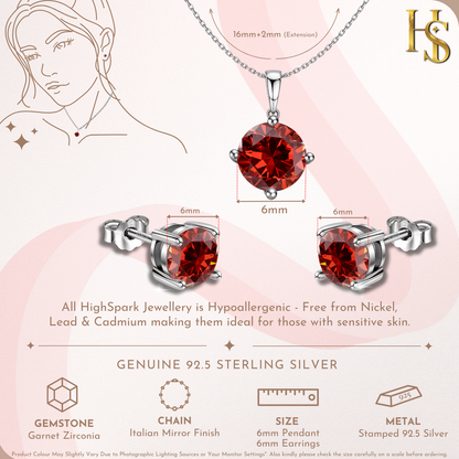 Garnet Zirconia Birthstone Stud Pendant-Set With Earrings in 925 Sterling Silver For Women