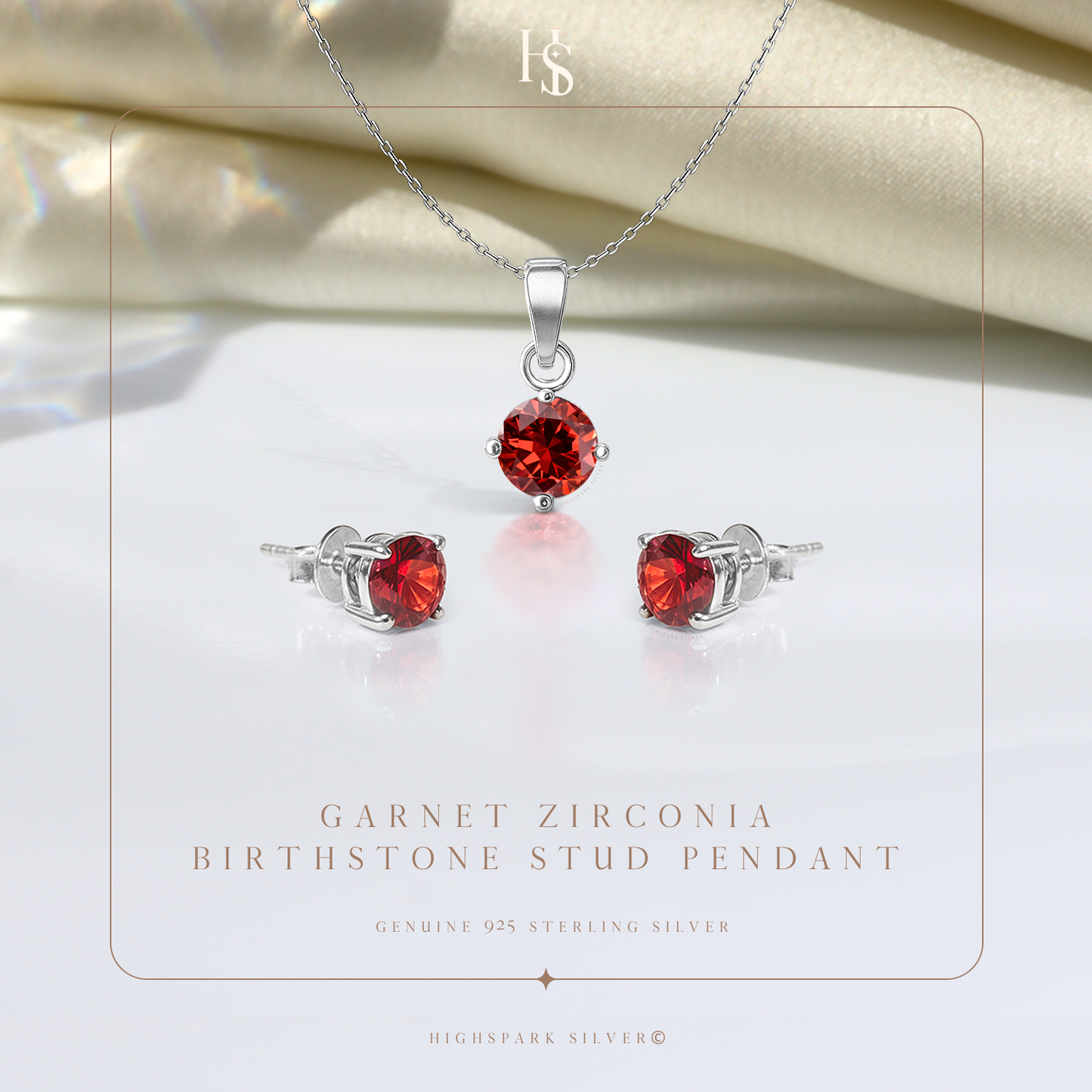 Garnet Zirconia Birthstone Stud Pendant-Set With Earrings in 925 Sterling Silver For Women