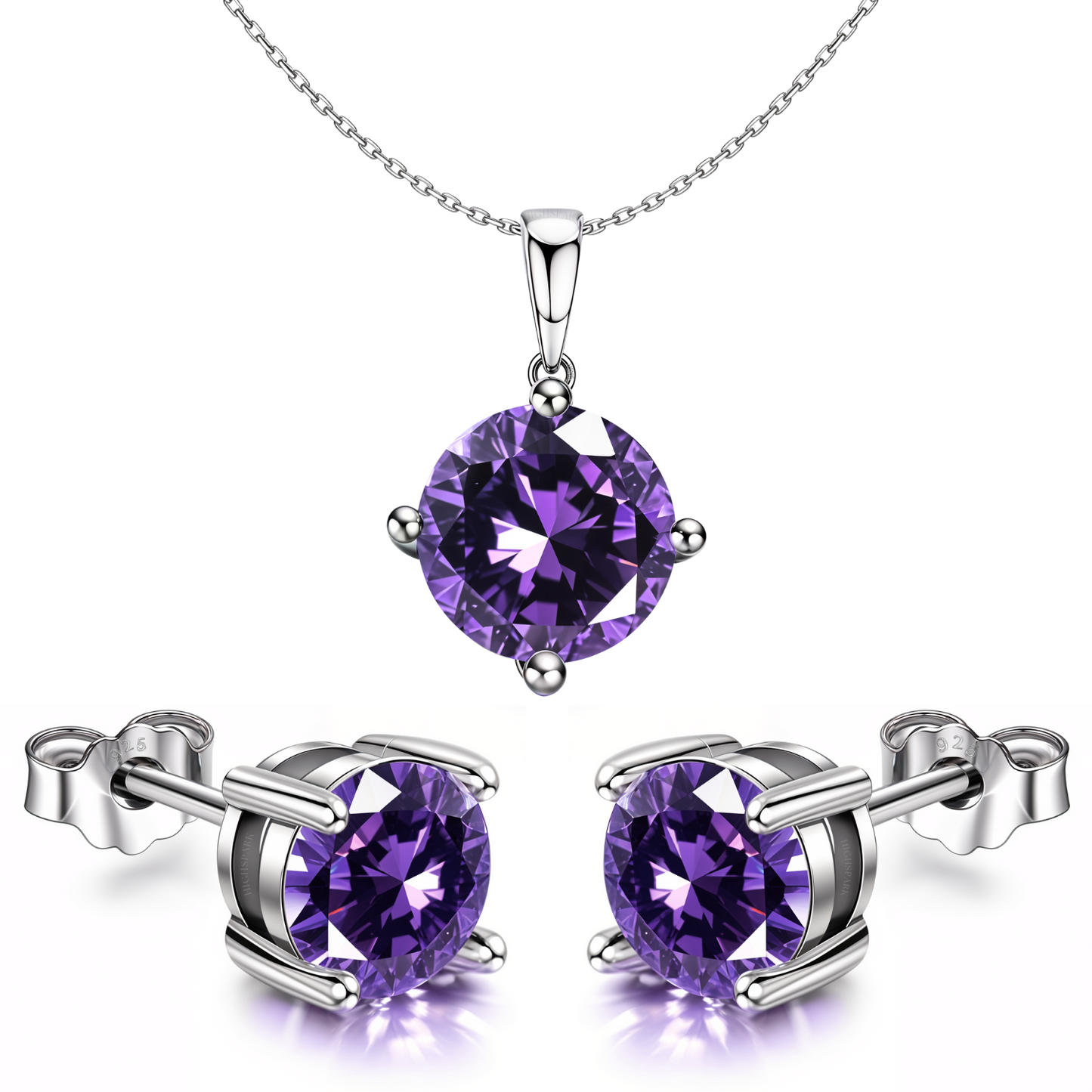 Amethyst Zirconia Birthstone Stud Pendant-Set With Earrings in 925 Sterling Silver For Women