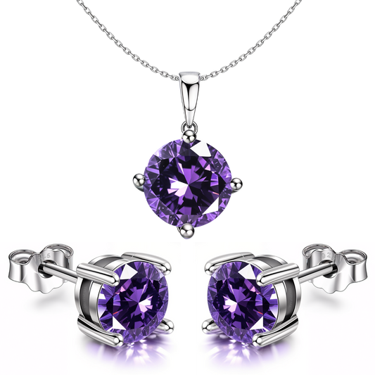 Amethyst Zirconia Birthstone Stud Pendant-Set With Earrings in 925 Sterling Silver For Women