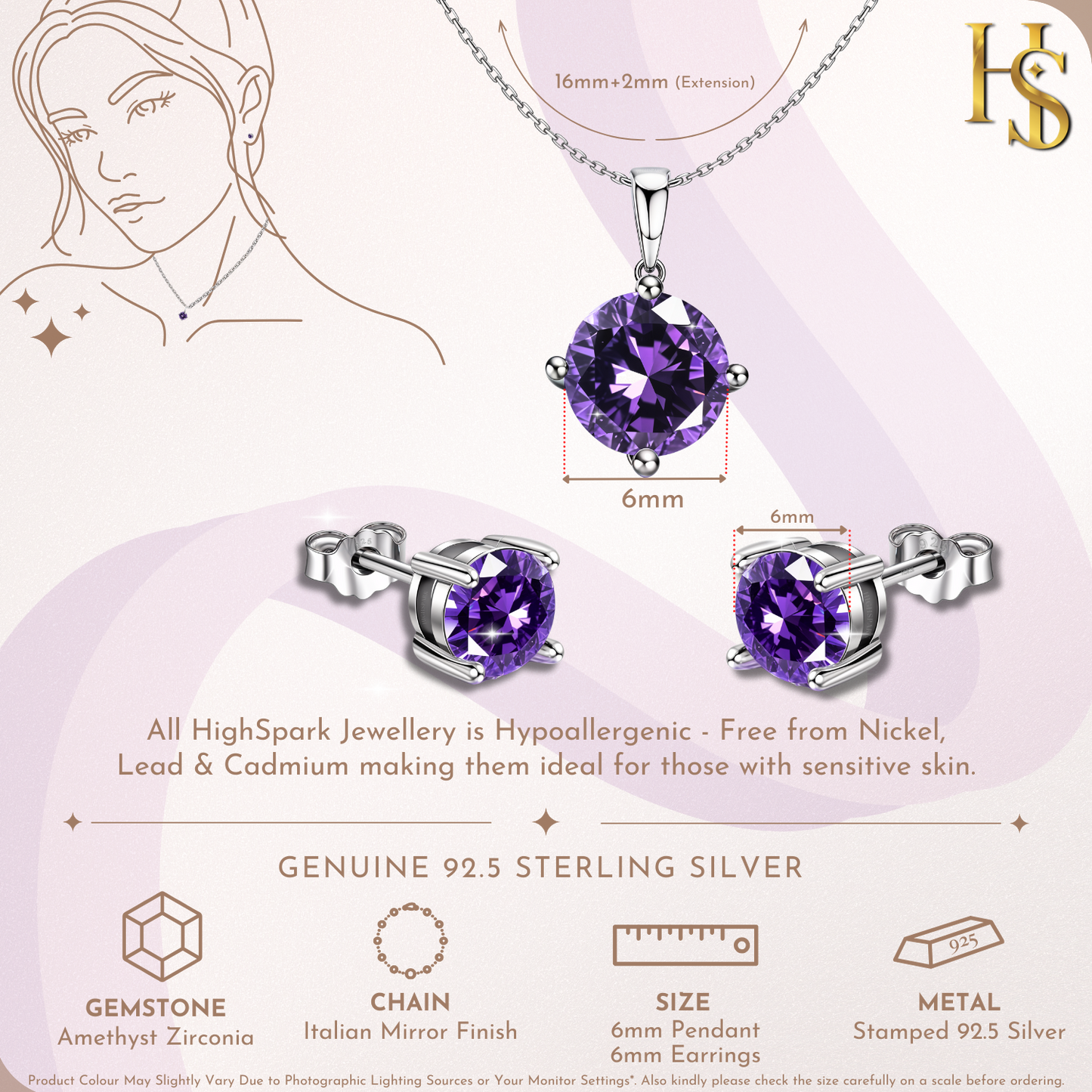 Amethyst Zirconia Birthstone Stud Pendant-Set With Earrings in 925 Sterling Silver For Women