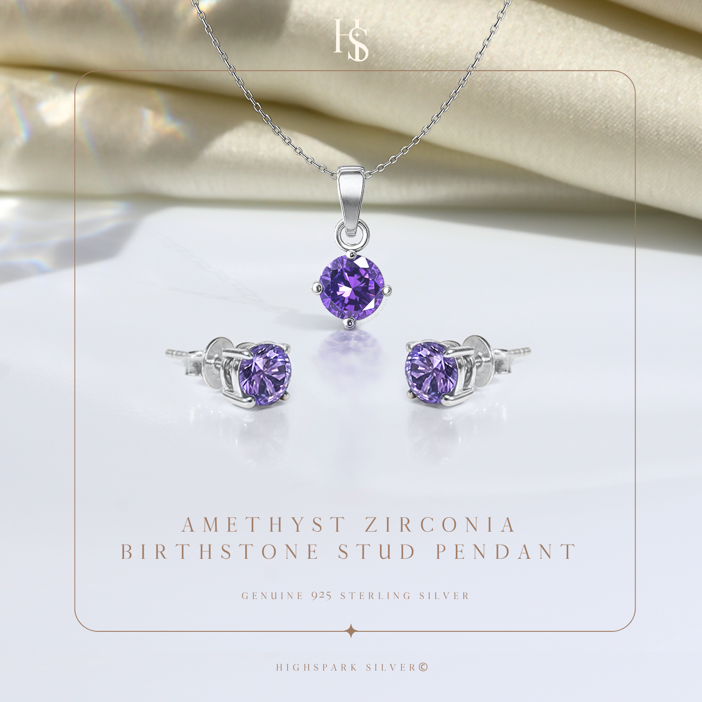 Amethyst Zirconia Birthstone Stud Pendant-Set With Earrings in 925 Sterling Silver For Women
