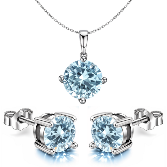 Aquamarine Zirconia Birthstone Stud Pendant-Set With Earrings in 925 Sterling Silver For Women