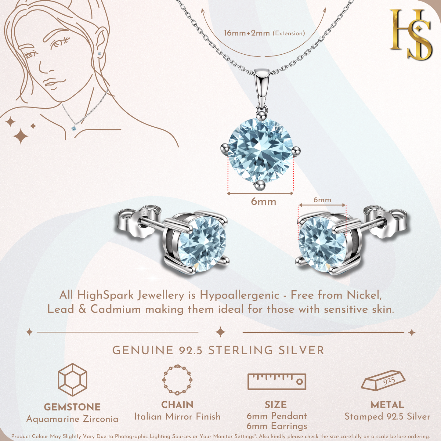 Aquamarine Zirconia Birthstone Stud Pendant-Set With Earrings in 925 Sterling Silver For Women