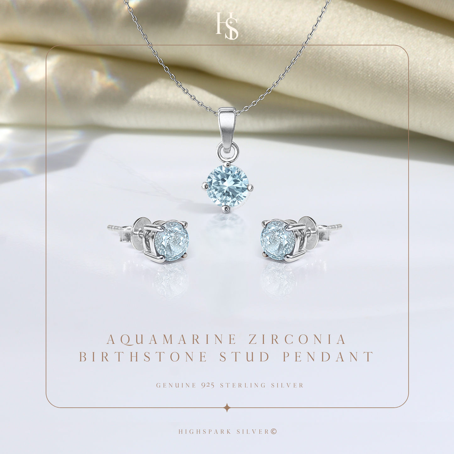 Aquamarine Zirconia Birthstone Stud Pendant-Set With Earrings in 925 Sterling Silver For Women
