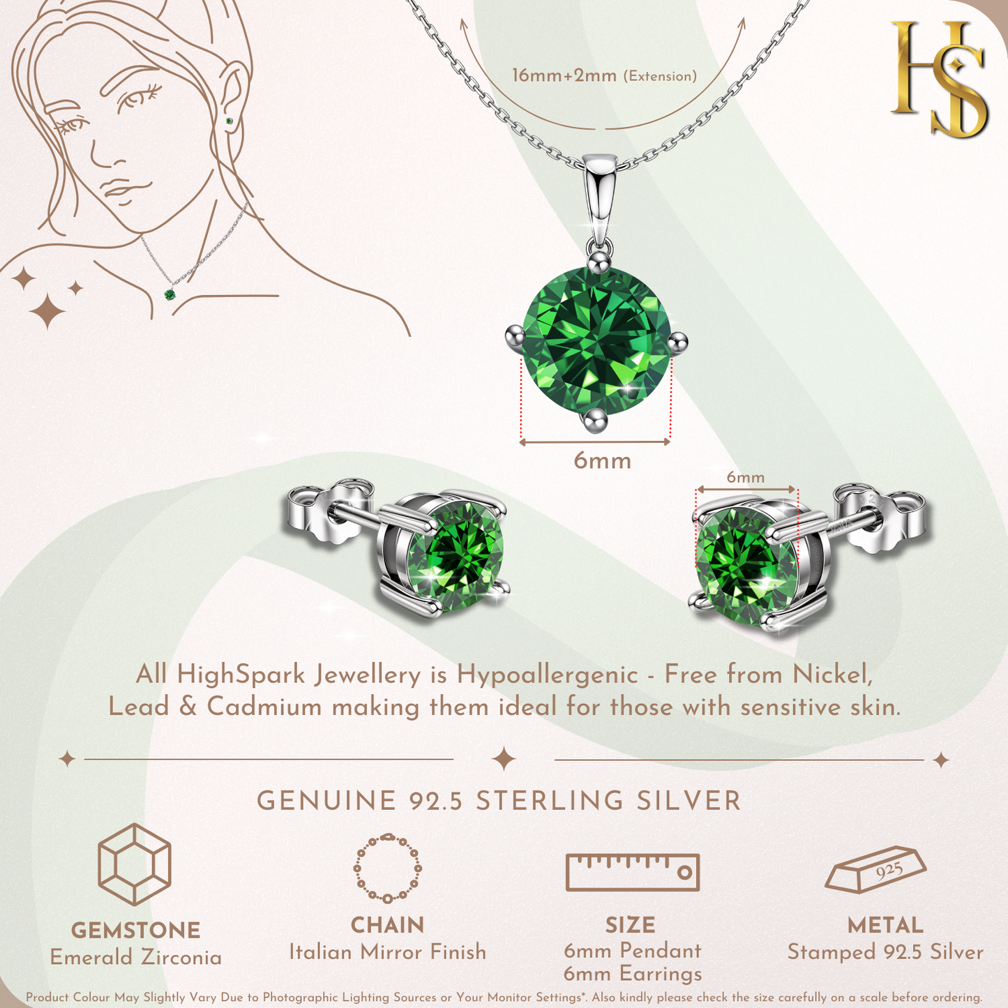 Emerald Zirconia Birthstone Stud Pendant-Set With Earrings in 925 Sterling Silver For Women