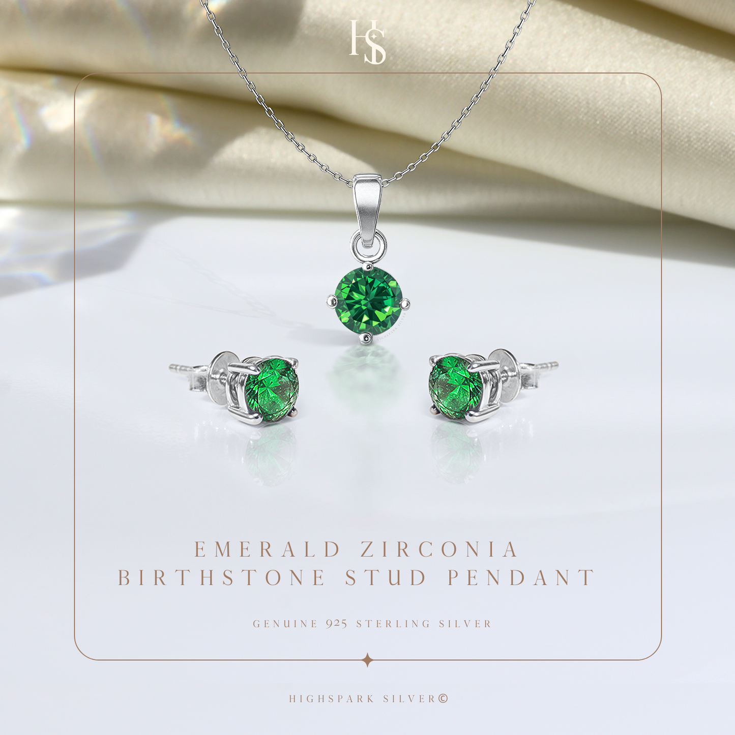 Emerald Zirconia Birthstone Stud Pendant-Set With Earrings in 925 Sterling Silver For Women