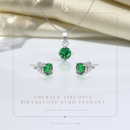 Emerald Zirconia Birthstone Stud Pendant-Set With Earrings in 925 Sterling Silver For Women