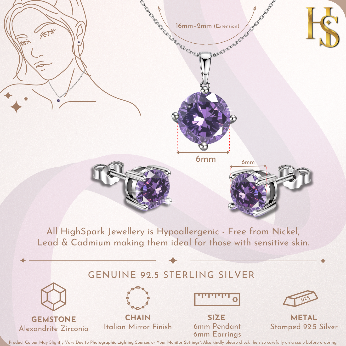 Alexandrite Zirconia Birthstone Stud Pendant-Set With Earrings