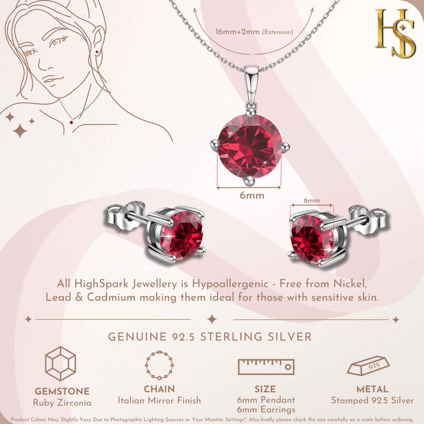 Ruby Zirconia Birthstone Stud Pendant-Set With Earrings in 925 Sterling Silver For Women