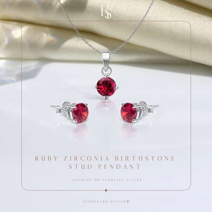 Ruby Zirconia Birthstone Stud Pendant-Set With Earrings in 925 Sterling Silver For Women