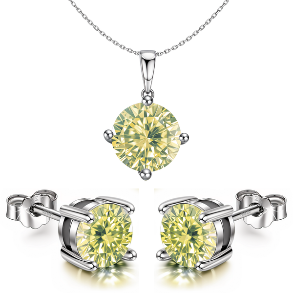 Pendant necklace and stud earring set with round-cut peridot American diamonds in a four-prong sterling silver setting on a white.
