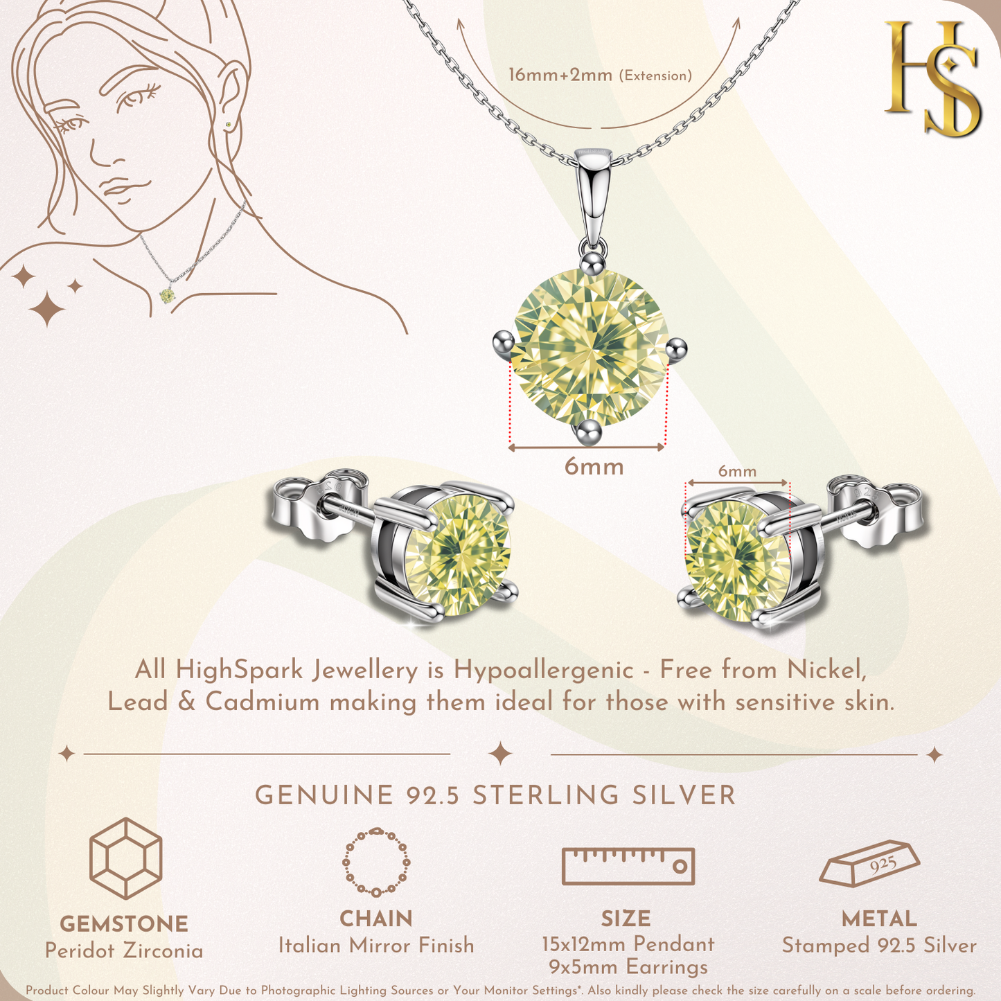 Peridot Zirconia Birthstone Stud Pendant-Set With Earrings in 925 Sterling Silver For Women