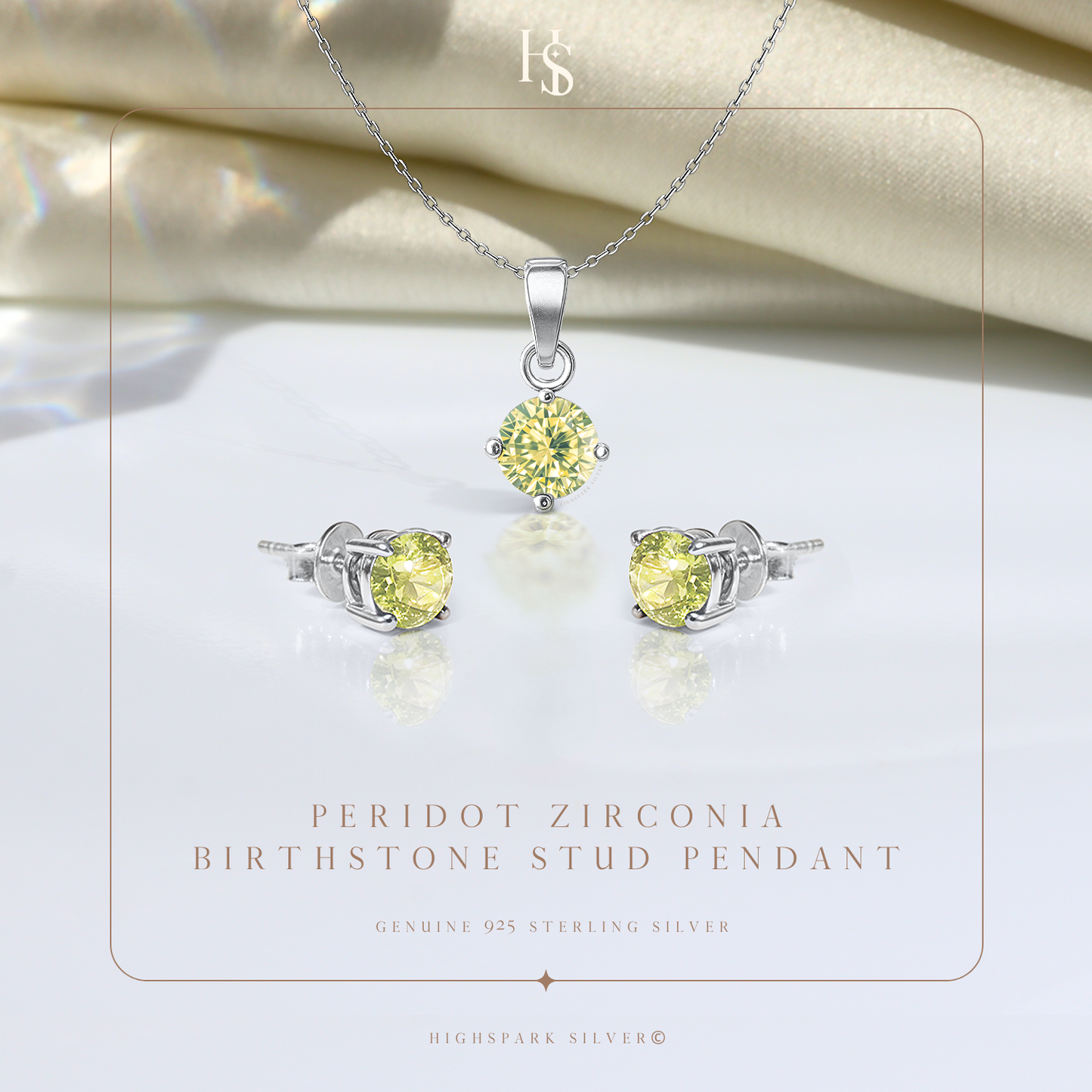 Peridot Zirconia Birthstone Stud Pendant-Set With Earrings in 925 Sterling Silver For Women