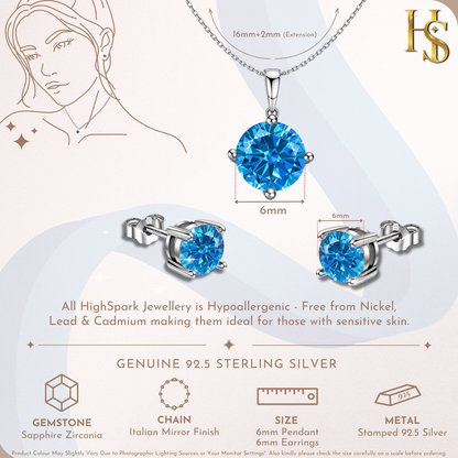 Sapphire Zirconia Birthstone Stud Pendant-Set With Earrings in 925 Sterling Silver For Women