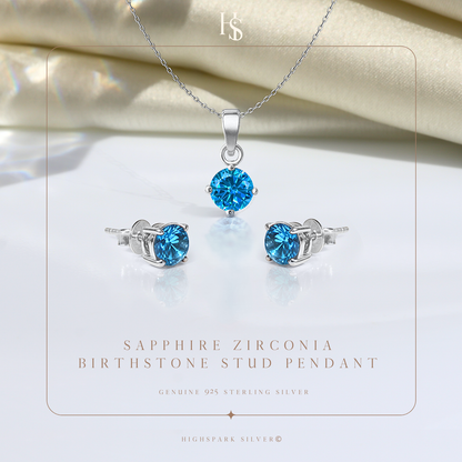 Sapphire Zirconia Birthstone Stud Pendant-Set With Earrings in 925 Sterling Silver For Women