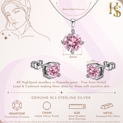 Tourmaline Zirconia Birthstone Stud Pendant-Set With Earrings in 925 Sterling Silver For Women