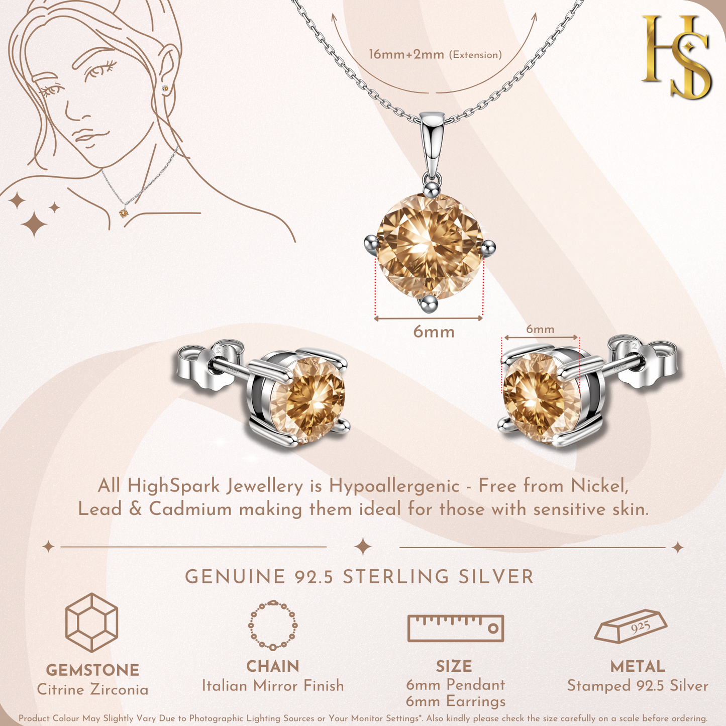 Citrine Zirconia Birthstone Stud Pendant-Set With Earrings in 925 Sterling Silver For Women