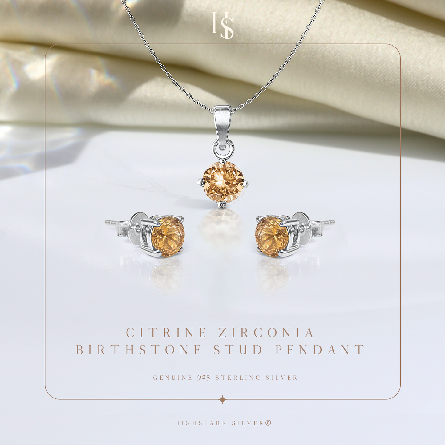 Citrine Zirconia Birthstone Stud Pendant-Set With Earrings in 925 Sterling Silver For Women