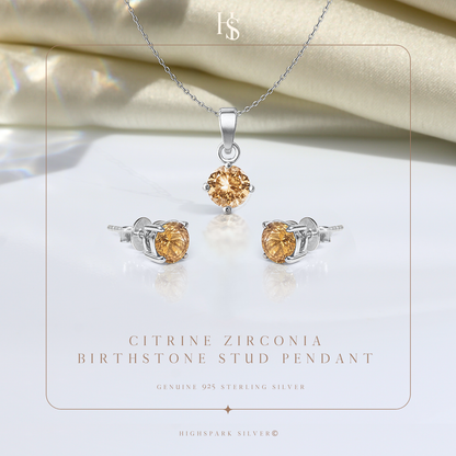 Citrine Zirconia Birthstone Stud Pendant-Set With Earrings in 925 Sterling Silver For Women