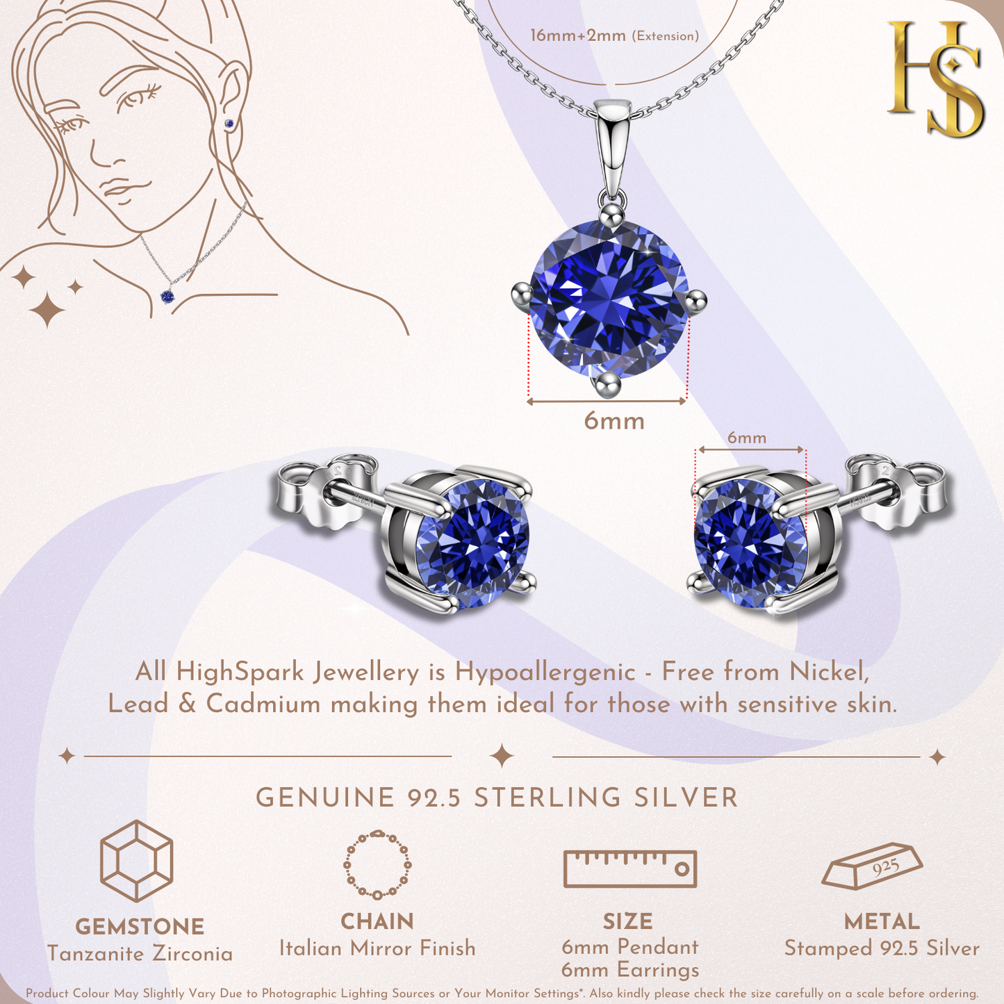 Tanzanite Zirconia Birthstone Stud Pendant-Set With Earrings in 925 Sterling Silver For Women HighSpark
